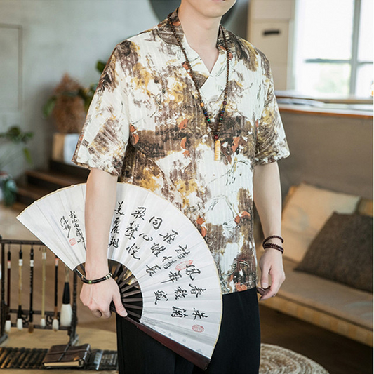 Men's Retro Floral Cotton Linen Short Sleeve T-Shirt Buddhist Layman Hanfu Men's Shirt Short Sleeve Streetwear Oversized