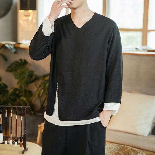 Plus Size Men's Chinese Shirt Top Long Sleeve Fake Two Piece Linen Retro Streetwear Korean Clothing T Shirt