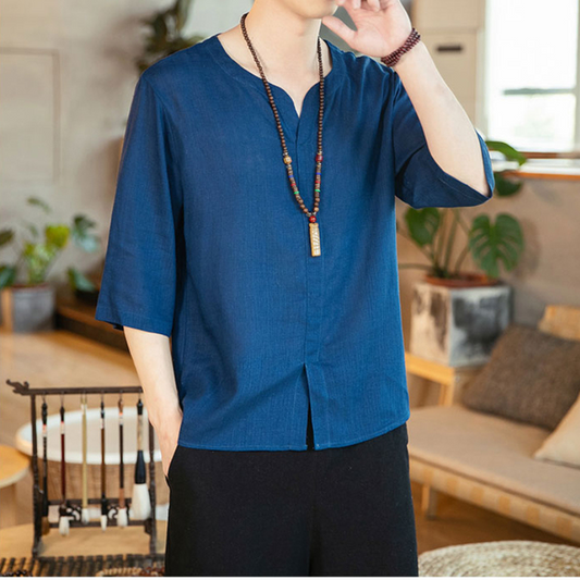 Asian Clothing Men's Linen V-neck T-shirt Summer New Solid Colour Casual Tops Plus Size Kimono Japanese Samurai Yukata Clothing