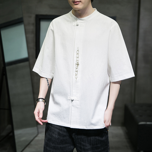 Chinese Traditional Dress Loose Plus Size Linen Short Sleeve T-Shirt Men'S Thin Tang Suit Summer Tai Chi Kung Fu Clothing