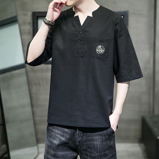 Men's Embroidered T-shirt Summer Vintage Short-sleeved Shirt Japanese Casual Solid Colour Harajuku Tops