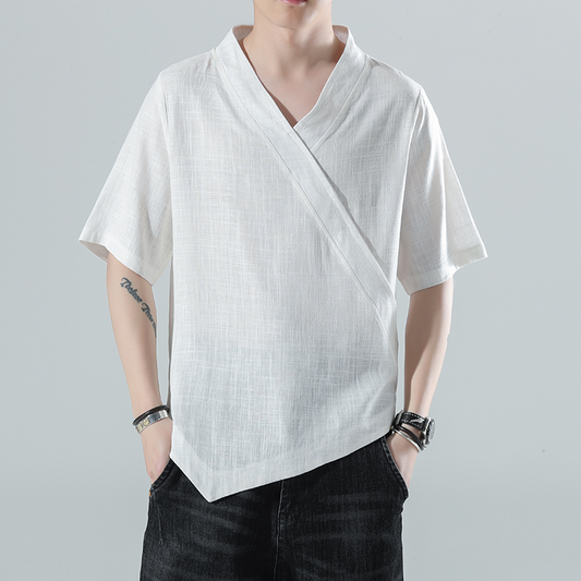 Mens Chinese Style Summer Fashion Thin Cotton Linen Short Sleeve Shirt 2022 Irregular Cut Harajuku Plus Size Casual Top