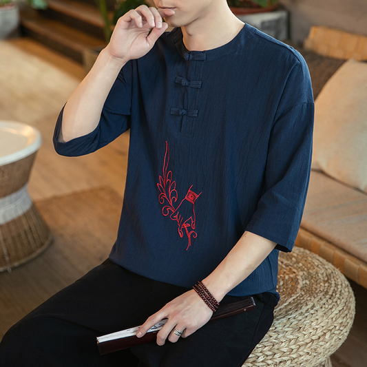 Men'S Kung Fu Blouse Traditional Chinese Tang Suit Cheongsam Vintage Wushu Oriental T-Shirts Linen Tops Kimono Clothes